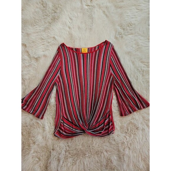 Ruby Rd. Tops - Ruby Rd. Striped Metallic Twist Front Top L | Retro Shimmer Bell Sleeve Blouse